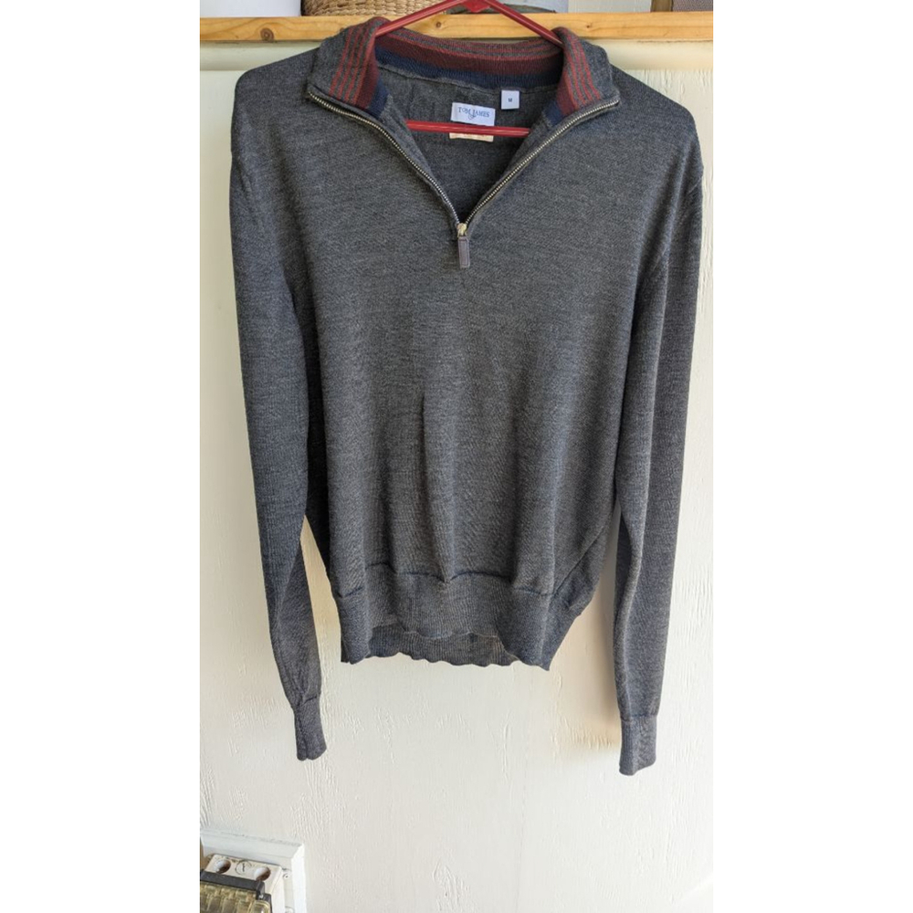 Men's Tom James Grey Merino Wool Quarter-Zip Sweater M
